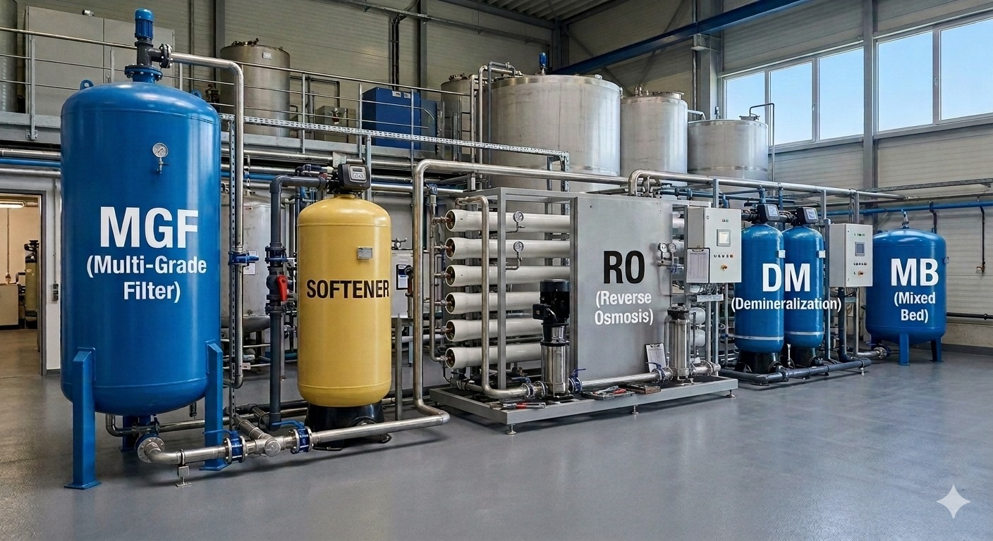Kandoi Group raw water treatment scheme — MGF, Softener, RO, DM, Mixed Bed skid